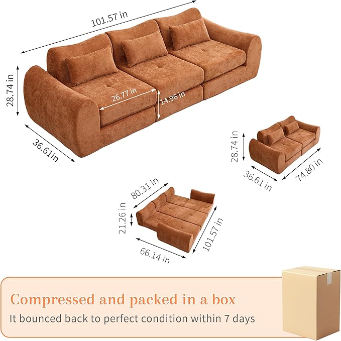 MAXMAXX 102" Modular Sectional Cloud Sofa,4-in-1 Folding Convertible Sofa Bed, Floor Boneless Couch, Modular Cushion Couch,Suitable for Living Room,Bedroom and Recreation Room (Orange)