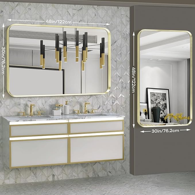 Large Gold Bathroom Mirror, Rounded Corner Rectangular Brushed Gold Frame Vanity Mirror, Wall-Mounted, Anti-Rust, Tempered Glass, Hangs Horizontally or Vertically (30" x 48", Gold)