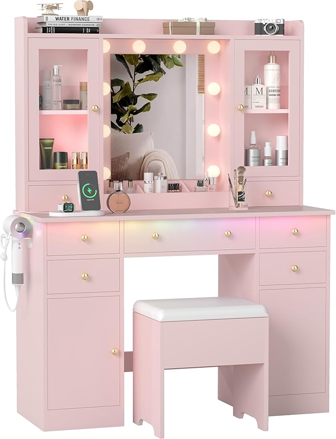 Vanity Desk with Mirror and Lights, 43" Pink Makeup Vanity Set with 5 Drawers & Glass Cabinets, Storage Stool, Power Outlet & Adjustable LED Lights, Dressing Table for Women & Girls Bedroom