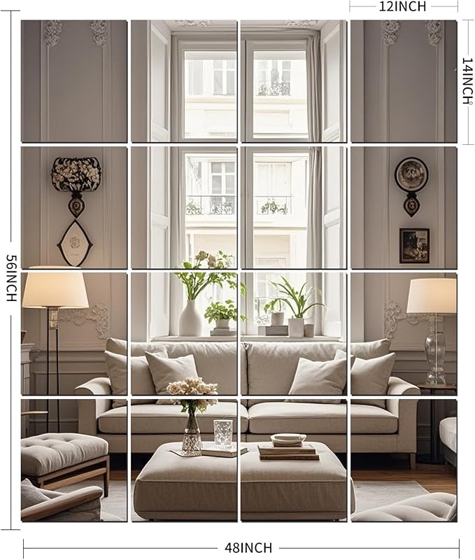 14" x 12" Glass Wall Mirror Tiles for Wall, Frameless Full Length Mirrors Wall Mounted for Home Gym Mirror Yoga Bedroom Dancing Studio Dressing Room (16PCS)