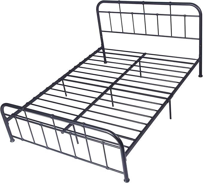 Metal Bed Frame Platform with Head Board Foot Board Vintage Mattress Foundation with Metal Slats Queen Size for Bedroom School Students Kids Adults Storage Under 500lbs (Black Metal, Queen)