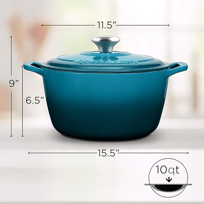 Signature Enameled Cast Iron Dutch Oven, Non-Stick Serving Pot with Tight Fitting Lid for Perfect Roasting, Baking, Sauteing, and Bread Making | 10Q (9.5L) - Ocean Blue