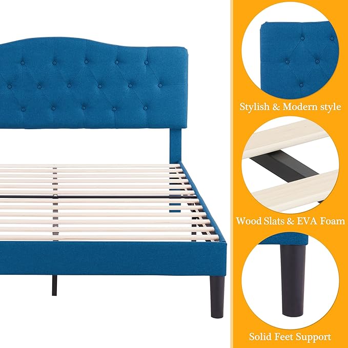 VECELO Queen Size Platform Bed Frame with Fabric Upholstered Headboard and Wooden Slats Support, No Box Spring Needed/Easy Assembly,Blue