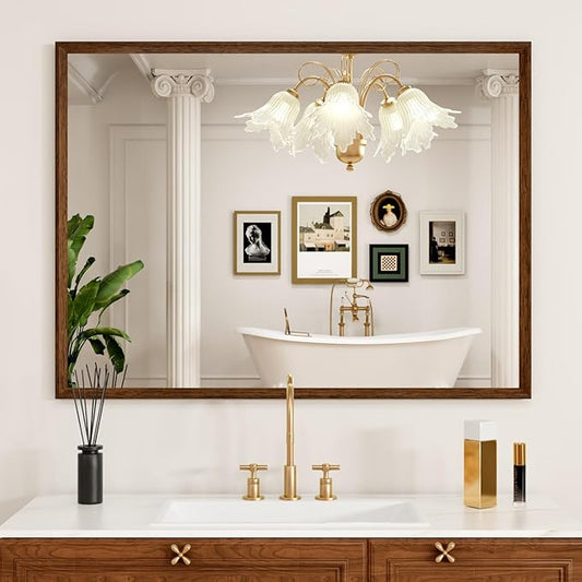 Rectangle Walnut Bathroom Mirror 40x30 Inch, Anti-Rust 4MM Tempered Glass, Modern Vanity Mirror for Bathroom, Horizontal or Vertical Wall Mount