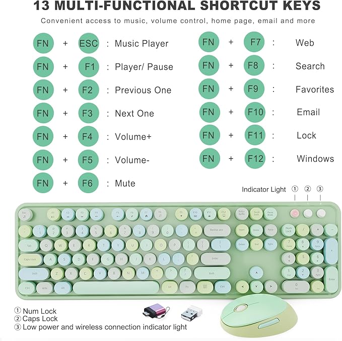 Wireless Keyboard and Mouse Combo, Ergonomic Full Size Typewriter Retro Round Keycaps Keyboard, Compatible with Windows, PC, Perfer for Home and Office Keyboards (Green