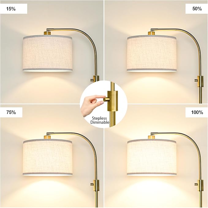 Brass Arc Floor Lamp - Dimmable LED with White Shade for Living Room, Bedroom, Office & More