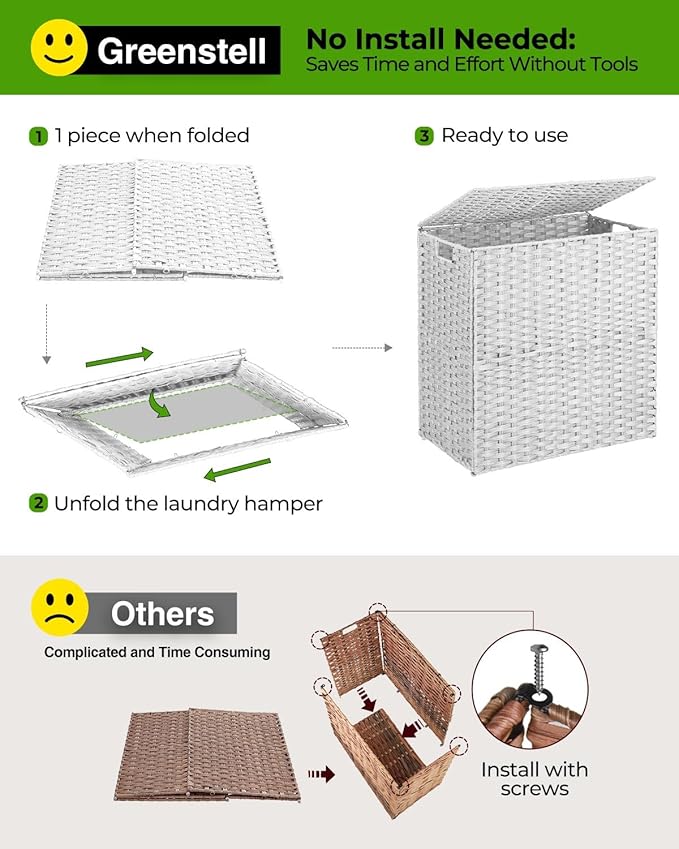 Greenstell Laundry Hamper with lid, No Install Needed, 130L Wicker Laundry Baskets Foldable 2 Removable Liner Bags, 2 Section Clothes Hamper Handwoven Rattan Laundry Basket with Handles, White