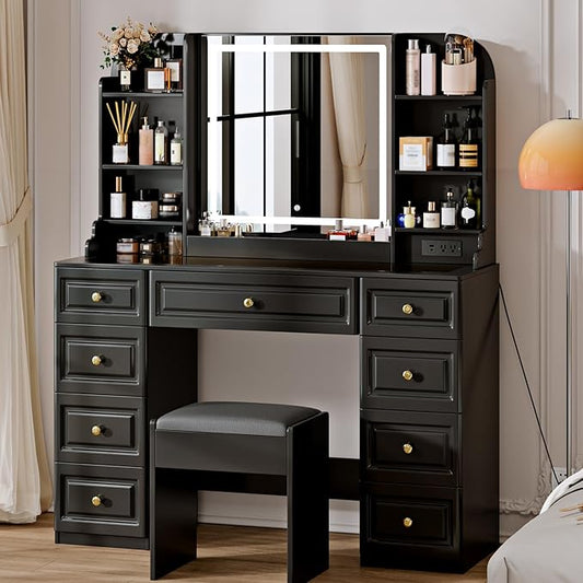 42" Makeup Vanity Desk with Mirror and Lights, & Power Outl, Glass Top Big Vanity Table with 9 Drawers& 8 Storage Shelves, Dressing Table Set with Chair for Bedroom, Black