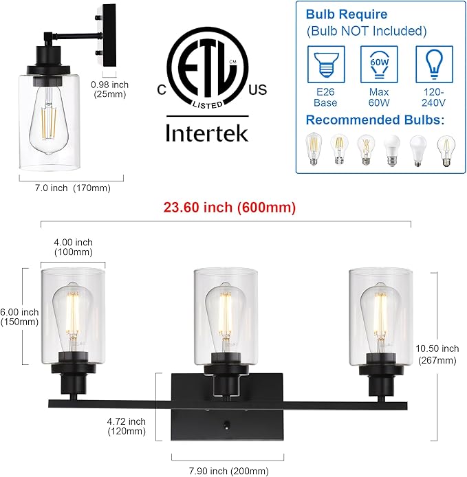 MELUCEE Bathroom Vanity Light Fixtures 24 Inches Length 3 Lights Wall Sconce Black with Clear Glass Shade for Bedroom Living Room Hallway Kitchen (Patent No.: US D963914 S)