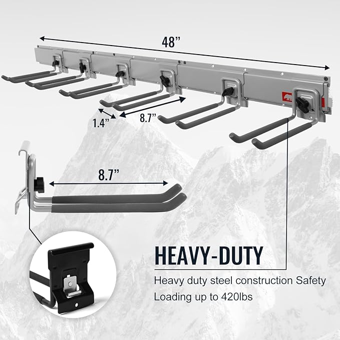 Clamping Garage Wall Organizers, 48inch Wall Mount Folding Chair Rack Tool Holder, Heavy Duty Garage Storage Tool Rack, Shovel Hangers Yard Tool Hook, Hold Up to 420lbs (48Inch Grey)