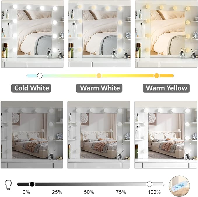 JBLCC Vanity Desk with Mirror and Lights, 39.4''W White Makeup Vanity with 3-Color Lighted Mirror, 7 Drawers & Open Shelves, Big Vanity Table for Bedroom, Girls & Women