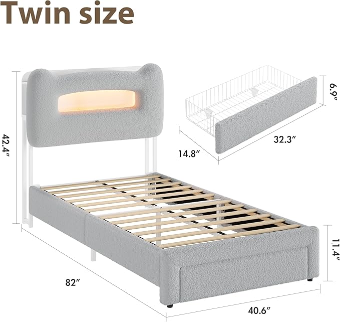 GarveeHome Upholstered Twin Bed Frame with 2-Tier Storage Headboard, LED Platform Bed with Charging Station and Drawer for Kids/Girls/Boys, Heavy Duty Metal Support, No Box Spring Needed, Grey