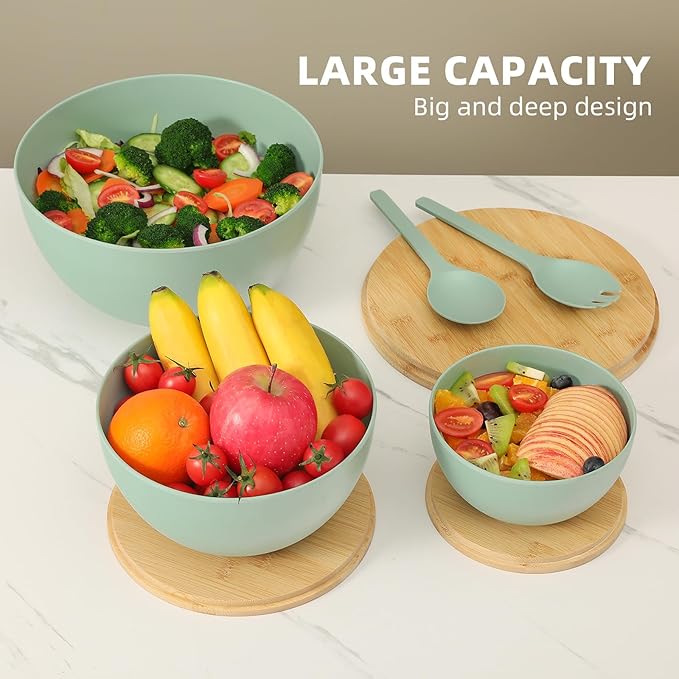 Salad Bowls Set of 3 with Lid & Serving Utensils, Bamboo Fiber Mixing Bowls Set Large Serving Bowls & Storage Set with Bamboo Lid for Salad, Kitchen Eating, Pasta, Popcorn, Chips, Fruit, Cyan