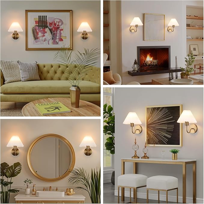 Brushed Gold Wall Sconces Sets of 2, White Pleated Fabric lampshade, Indoor Gooseneck Wall Lamp Lighting, Bathroom Dresser Hardwired sconces wall decor Fixture for Living Room Bedroom Dining Room