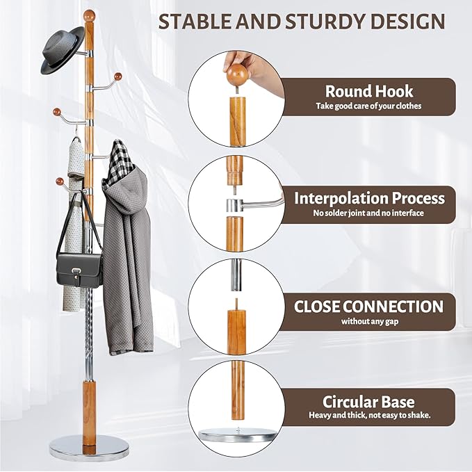 Coat Rack Freestanding, Metal Wooden Coat Tree with 6 Hooks, Heavy Duty Coat Hanger Stand with Resin and Stainless Steel Base, Free Standing Hall Tree for Scarf, Bag, Jacket (Metal)