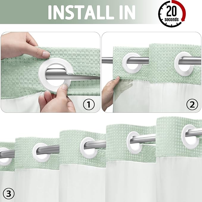 YellyHommy No Hook Shower Curtain with Snap in Liner Set Less Time Waffle Shower Curtain for Bathroom 75" L x 72" W Mint Green