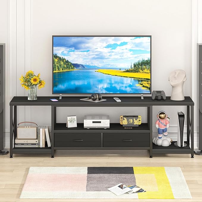 TV Stand with Fabric Drawers for 75 80 Inches TV - Entertainment Center and Industrial TV Console Table with Open Storage Shelves for Living Room, Bedroom- 71.5" Black