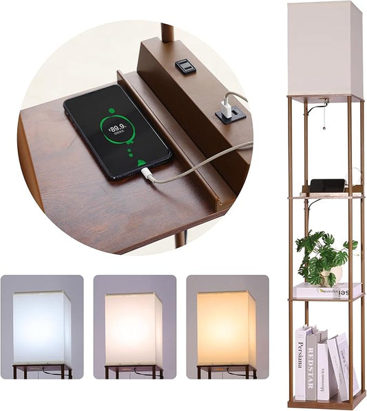 Floor Lamp with Shelves, with 2 USB Ports and Power Outlet Modern Square Standing Lamp with 3 Color Temperature Bulb, Corner Display Bookshelf Lamp for Living Room, Bedroom and Office (brown-9DY)
