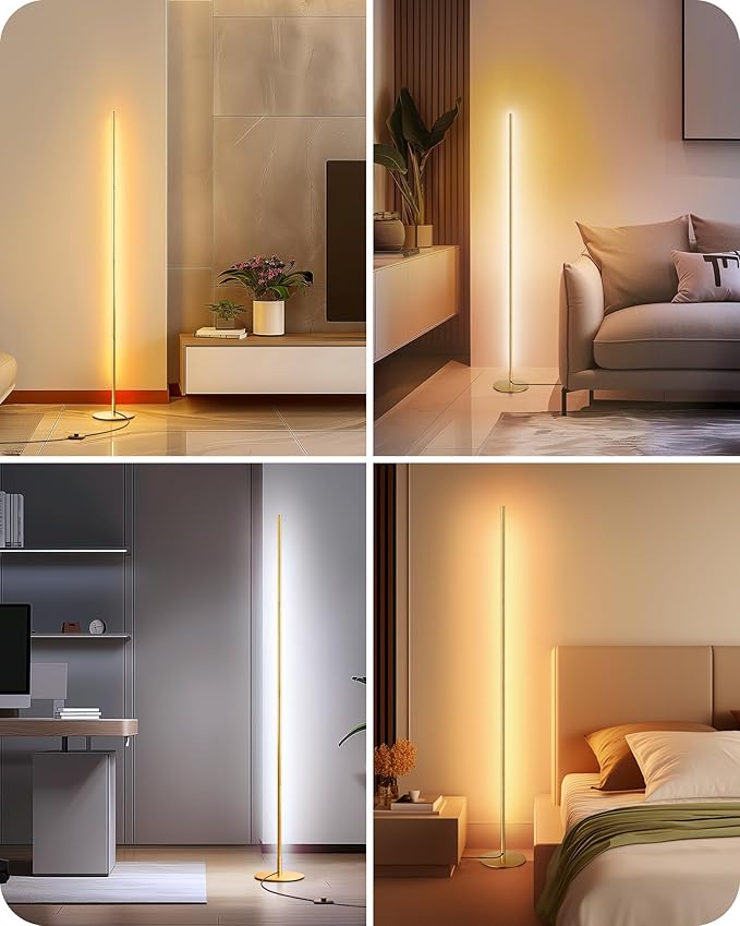 EDISHINE LED Corner Floor Lamp, Dimmable Standing Light with Remote, 7 Color Temperature 2700K-6000K, 57.5" Modern Floor Lamp for Bedroom, Living Room, Office, Gold