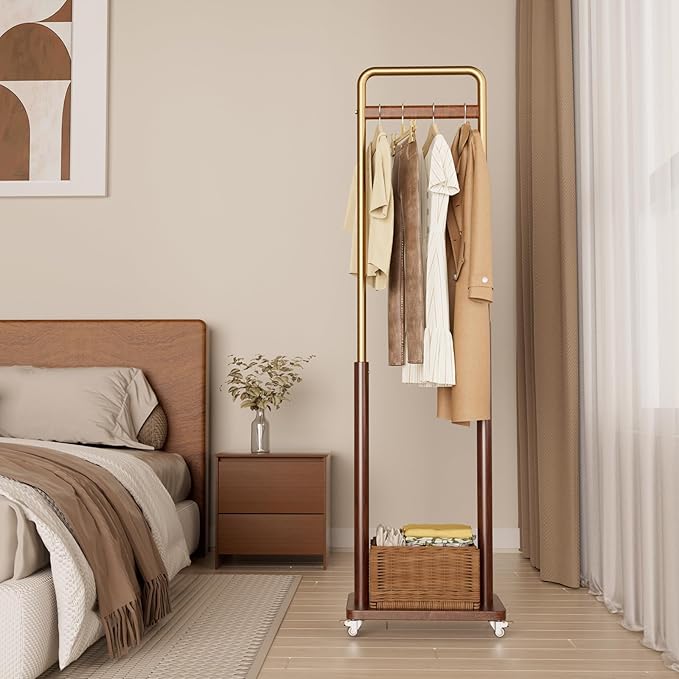 Clothes Rack Solid Wood Coat Rack, Metal and Solid Wood Combination Clothing Rack with Wheels for Entryway, Bedroom, Living Room, Coat Racks Freestanding for Hanging Clothes Garment Scarf