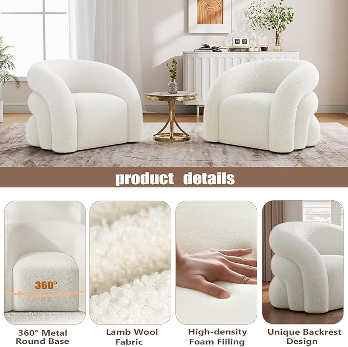 Swivel Accent Chair Set of 2,Upholstered Sherp Barrel Armchair 366° Round Modern Boucle Chair No Assembly for Living Room,Comfy Single Sofa Chairs for Bedroom(White)