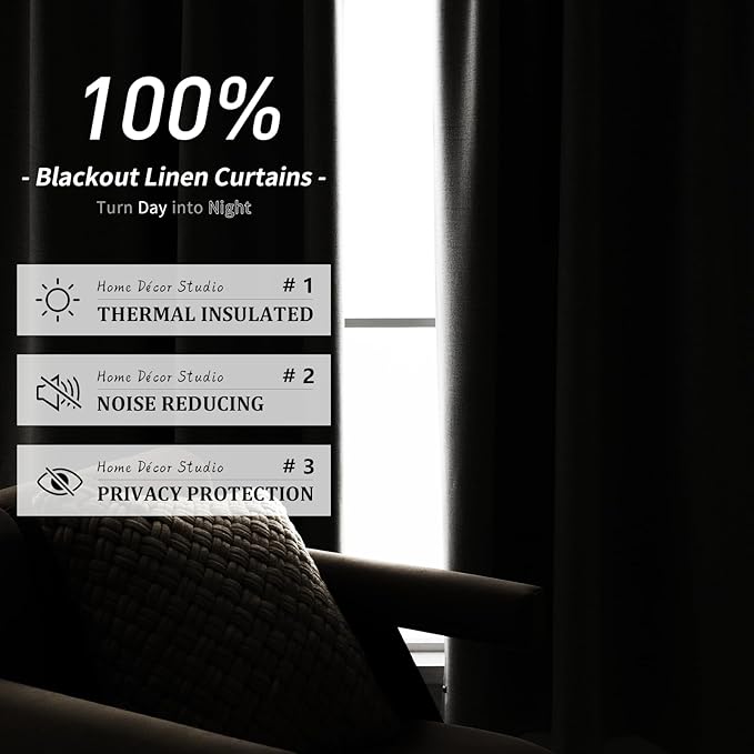 White Linen Blackout Curtains 84 Inch Length 2 Panels Set for Bedroom Darkening, 100% Black Out Thermal Insulated Back Tab Curtains Heating Blocking for Nursery