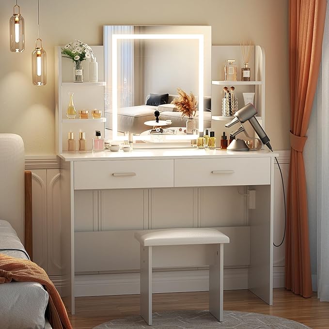 SMOOL Vanity with Lighted Mirror, Makeup Desk with Power Outlet, 3 Color Light Options, Adjustable Brightness, Vanity Table with 6 Storage Shelves, 2 Large Drawers and Cushioned Stool, White