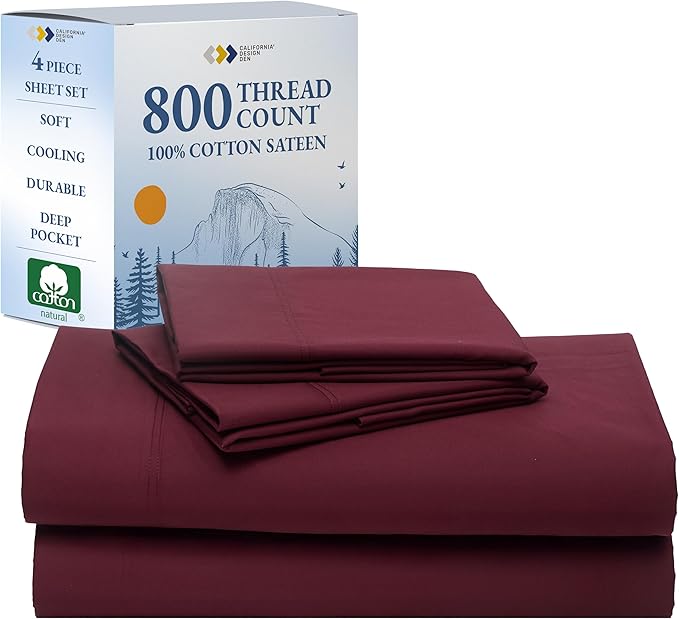 California Design Den Natural 100% Cotton Sheets Queen Size Bed Set Deep Pockets - Luxury Hotel 800 Thread Count, Soft Sateen Cotton Bed Sheets Queen, Anti-Skid Elastic, Cool and Durable - Red Wine