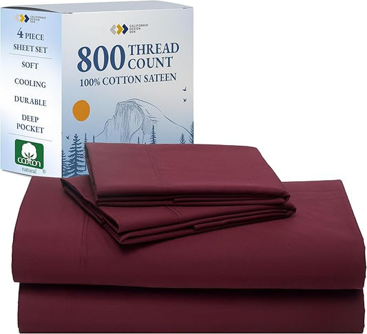 California Design Den Natural 100% Cotton Sheets Queen Size Bed Set Deep Pockets - Luxury Hotel 800 Thread Count, Soft Sateen Cotton Bed Sheets Queen, Anti-Skid Elastic, Cool and Durable - Red Wine