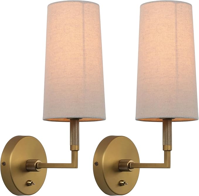 Brass Wall Sconces Set of Two, Hardwired Linen Fabric Shade Wall Lamps, Bathroom Vanity Lights Fixture with Switch, Indoor Wall Lights for Bedroom Living Room Corridor