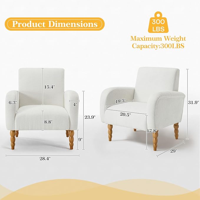 Accent Armchair Set of 2, Mid-Century Modern Living Room Chairs with Gourd-Like Shape Wooden Legs, Chenille Upholstered Single Sofa Reading Chair for Living Room Bedroom Guest Room,White