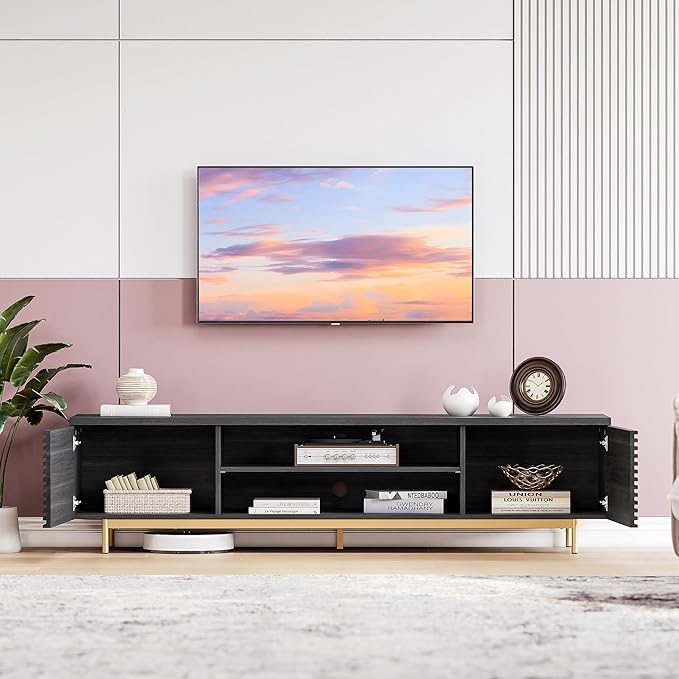 BELLEZE 68" Fluted TV Stand for TV up to 75", Modern Entertainment Center with Storage Cabinet, Slatted Door Decorated Media Console Table, Home Living Room Bedroom Furniture(Ebony)