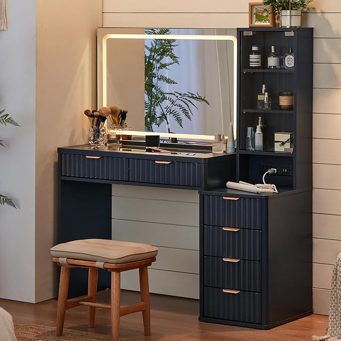 LEYAOYAO Vanity Desk with Mirror and Lights with Stool, 43.5'' Fluted Makeup Vanity with 6 Drawers and Adjustable Shelves,Wood Make Up Vanity Set with Glass Top and Power Outlet for Bedroom