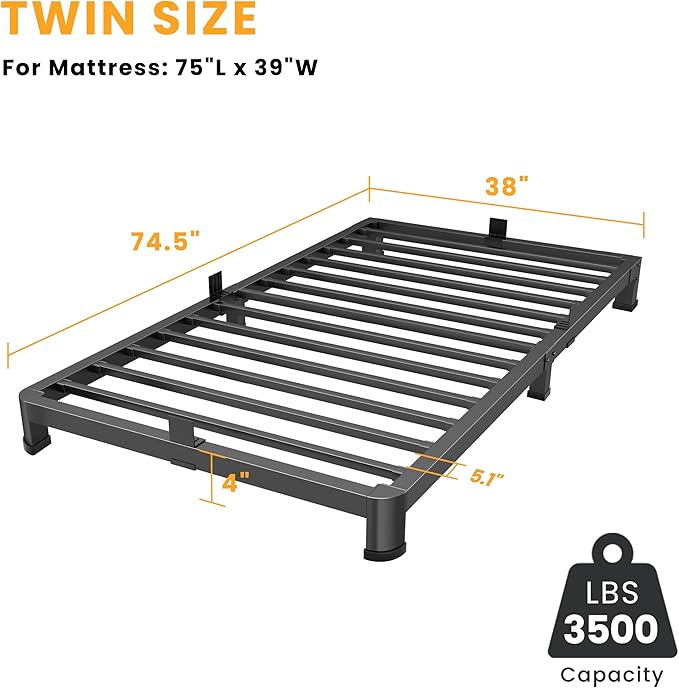 4 Inch Twin Bed Frame Low Profile, Heavy Duty Metal Platform Bed Frame with Round Corner Legs, Sturdy Mattress Foundation, No Box Spring Needed, Easy Assembly, Noise Free, Black