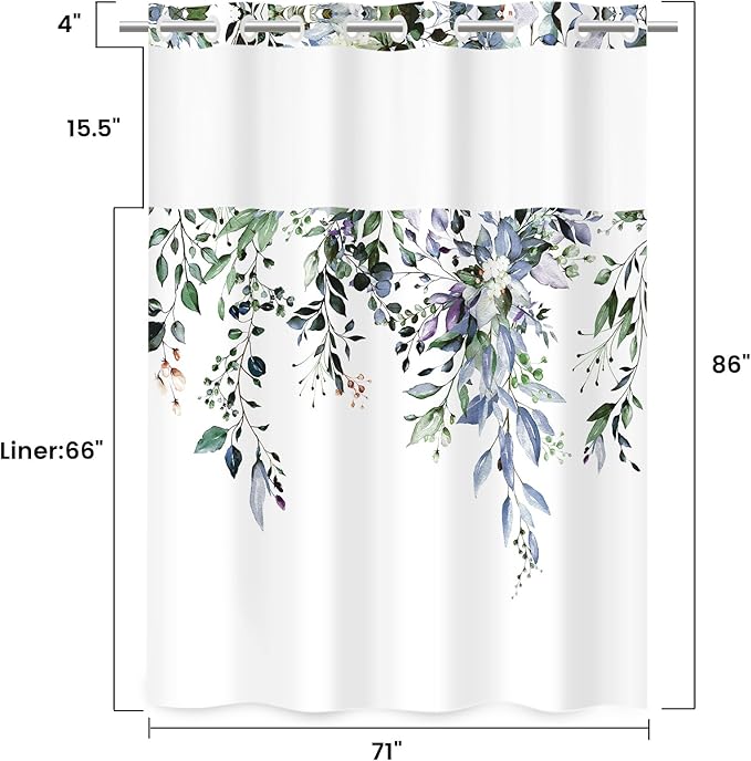 No Hook Shower Curtain with Snap in Liner - Eucalyptus Shower Curtain - Washable Waterproof Inner Liner, Plants Green Leaves Modern Shower Curtains - Machine Washable, 71 x 86