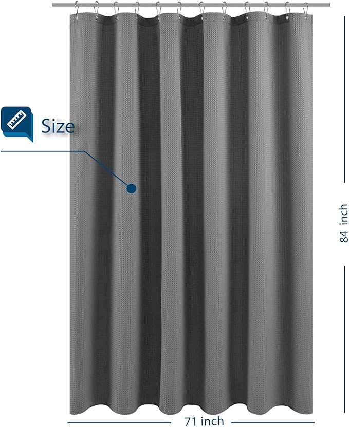 Barossa Design Extra Long Fabric Waffle Weave Shower Curtain 84 inch Height, Hotel Luxury Spa, 230 GSM Heavy Duty, Water Repellent, Machine Washable, Gray Pique Pattern, 71x84