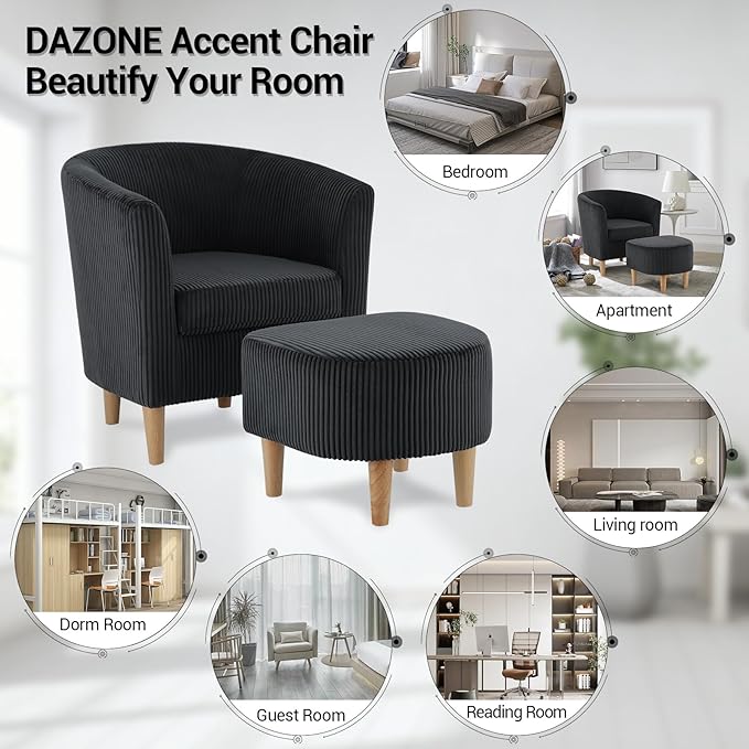 DAZONE Accent Chairs Set of 2, Barrel Chair with Ottoman Comfy Armchair Corduroy Living Room Chairs Mid Century Modern Chair Upholstered Club Tub Sofa Chair for Bedroom Reading Room Charcoal
