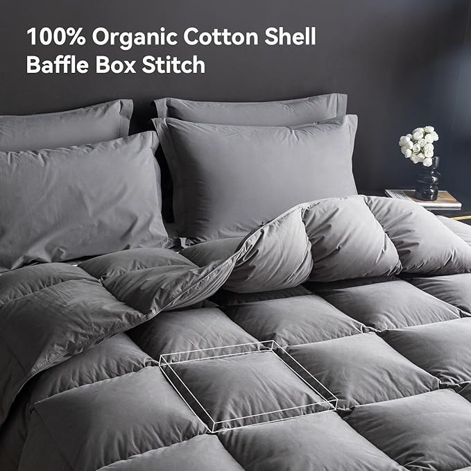 Goose Feather Down Comforter King Size,100% Organic Cotton Duvet Insert,All-Season Luxury Duvet Insert with Baffle Box Design, 750+Fill Power Hotel Collection Bedding Comforter