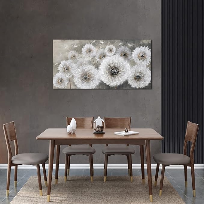 Pogusmavi Wall Art for Living Room & Bedroom - Large Canvas Wall Decor, 24x48, Gray Dandelion Artwork