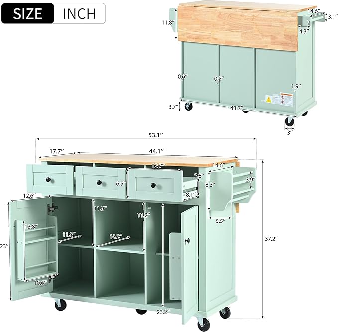 Kitchen Island Cart with Drop-Leaf Cabinet Door Internal Storage Rack 5 Wheels 3 Drawers for Kitchen, Dining Room, Bathroom 53.1" W*29.5" D*37.2" H Mint Green