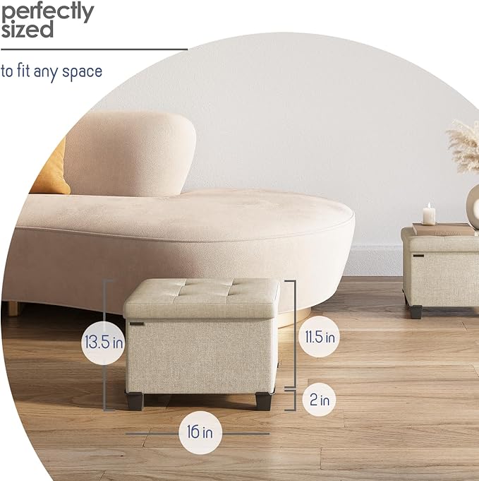 STORAGEBUD Storage Ottoman Cube with Small Bin, 16-in Square Ottoman with Storage for Living Room and Bedroom, Small Ottomans Foot Rest, Fabric Foot Stools Ottomans Max 330lbs, Beige