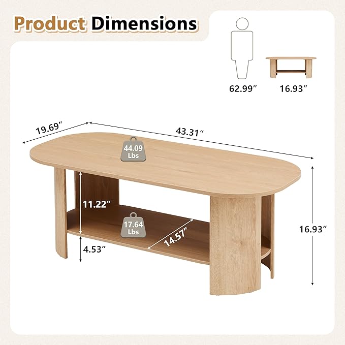43.3” Oval Coffee Table with Storage, Wood Coffee Tables for Living Room, Farmhouse Center Table with 2-Tier Storage Shelf Low Tea Table for Small Space, Home, Office (Natural)