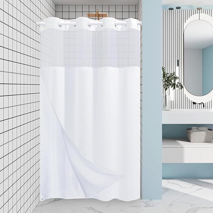 Stall No Hook Shower Curtain with Snap in Liner,230GSM Waffle Weave Shower Curtains for Bathroom,60W x 74H,White
