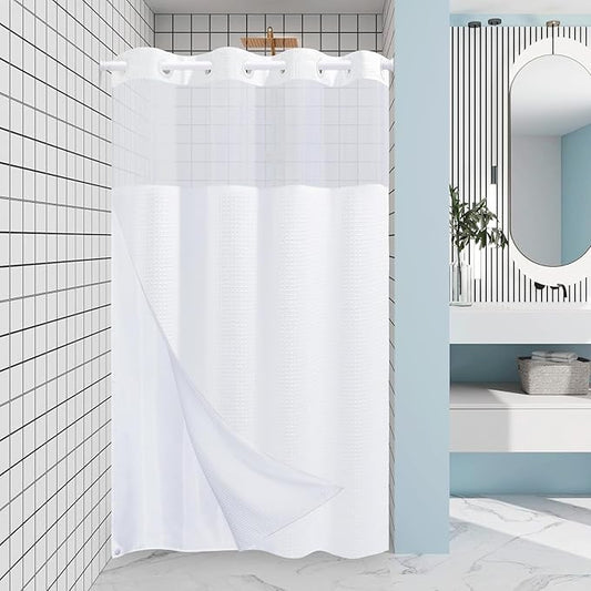Stall No Hook Shower Curtain with Snap in Liner,230GSM Waffle Weave Shower Curtains for Bathroom,60W x 74H,White