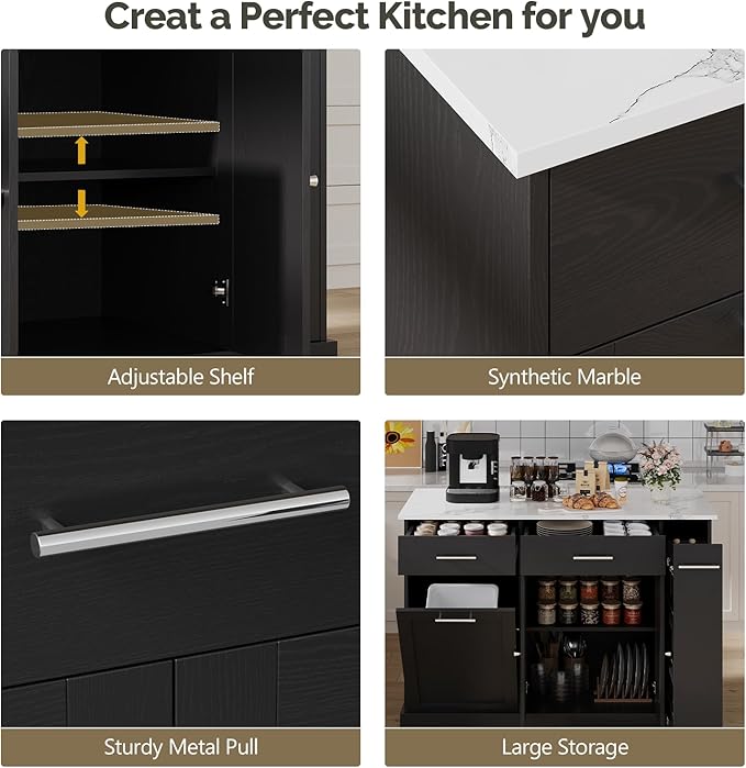 4 EVER WINNER Rolling Kitchen Island Cart with Trash Can Storage,Kitchen Island on Wheels with Marble Countertop, Kitchen Islands Table with Spice Rack & Towel Rack, Black