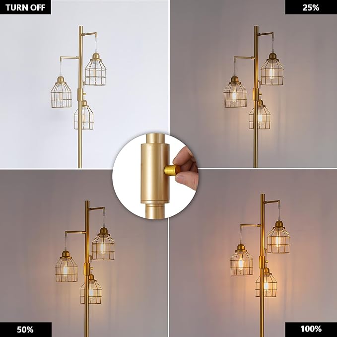 9MMML Golden Dimmable Floor Lamp,Industrial Gold Farmhouse Tall Standing Lamp for Living Room, Bedroom Office,3 Teardrop Cage Lampshade,3 LED Bulbs Inculded, 68'' Tall