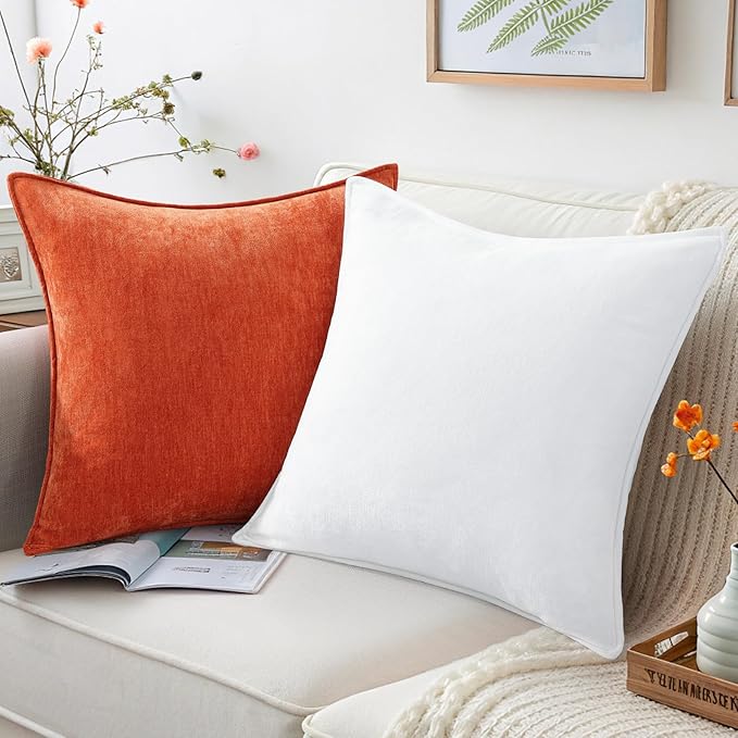 decorUhome Fall Couch Throw Pillow Covers 26x26 Set of 2, Decorative Soft Euro Neutral Chenille Pillow Covers with Elegant Design for Sofa Bed Living Room Home Decor, Rust
