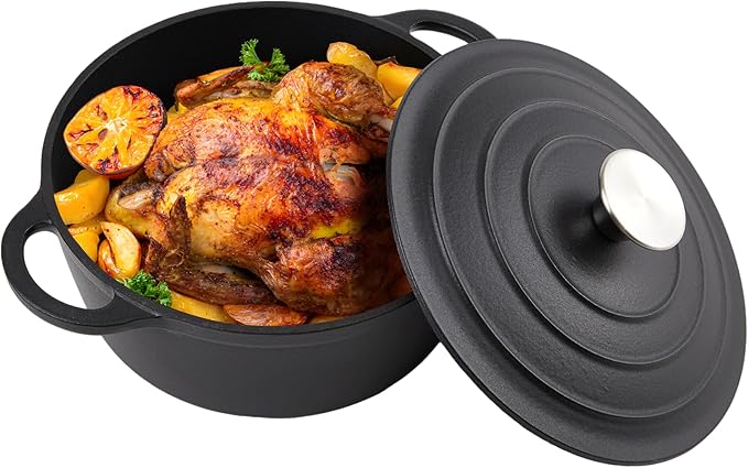 6 Quart Dutch Oven Enameled Cast Iron with Lid - Big Dual Handles - Oven Safe up to 500°F - Classic Round Pot for Versatile Cooking (Matte Black(No Enameled), 6 QT)