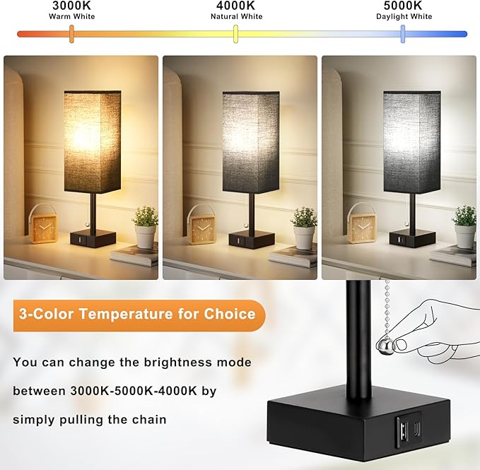 Bedside Table Lamps Set of 2 - Black Bedroom Lamps with 3 Color Temperatures (3000K/5000K/4000K), Two Square Nightstand Lamps with USB C + A Charging Ports, Pull Chain Small Night Light for End Table