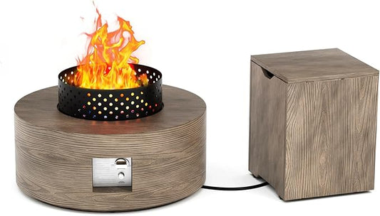 2-Piece 30" Round Propane Fire Pit for Outside Patio with Hidden Tank Table, 50,000 BTU Fireplaces with Wind Guard, Lid, Glass Rocks, Cover(Wood Grain Walnut)